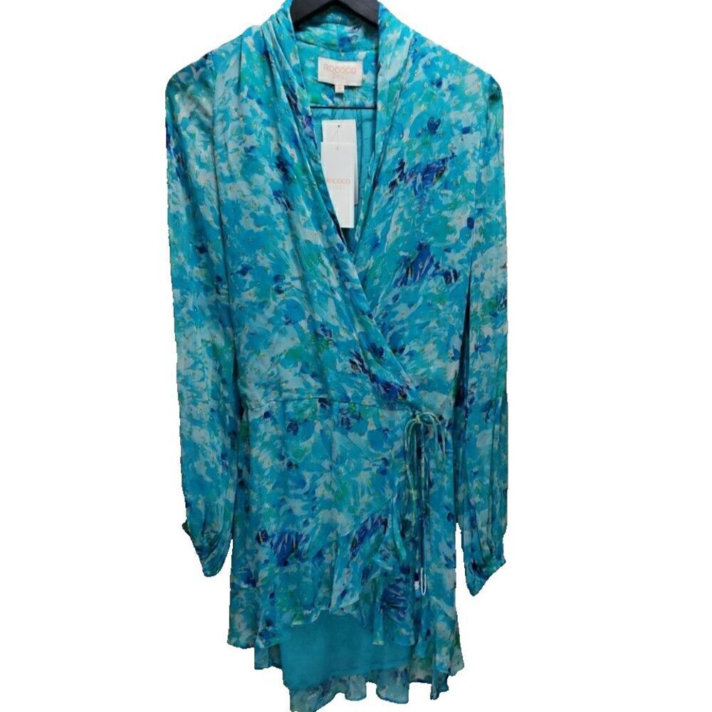 Rococo Sand Blue & Green Leas Long Sleeve Wrap Mini Dress Size XS *FLAW